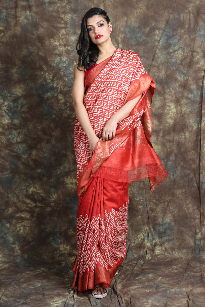 Red Printed Tussar Silk Saree - Charukriti.co.in