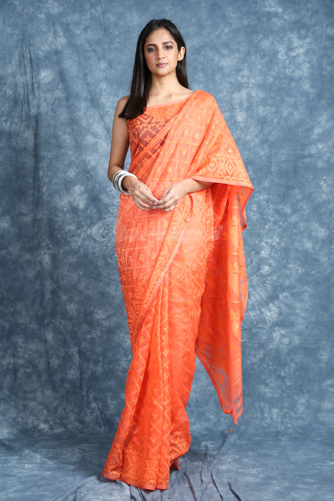 Checkered Weaving Orange Jamdani Saree freeshipping - Charukriti