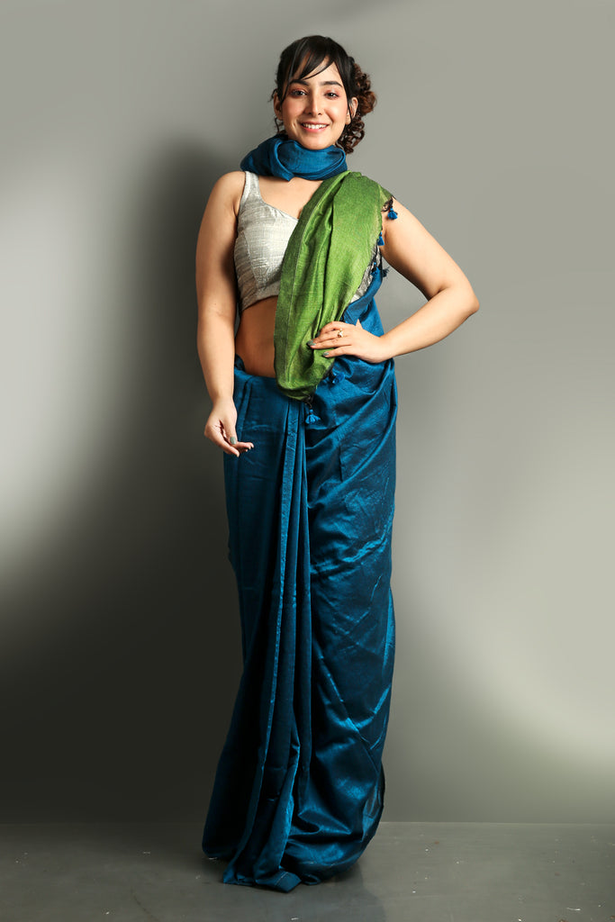 Sapphire Blue Khadi Cotton Saree Basil Green Pallu - Charukriti.co.in