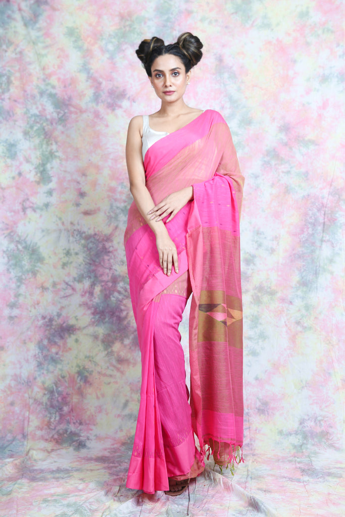 Pink Cotton Saree With Geometrics Pallu freeshipping - Charukriti