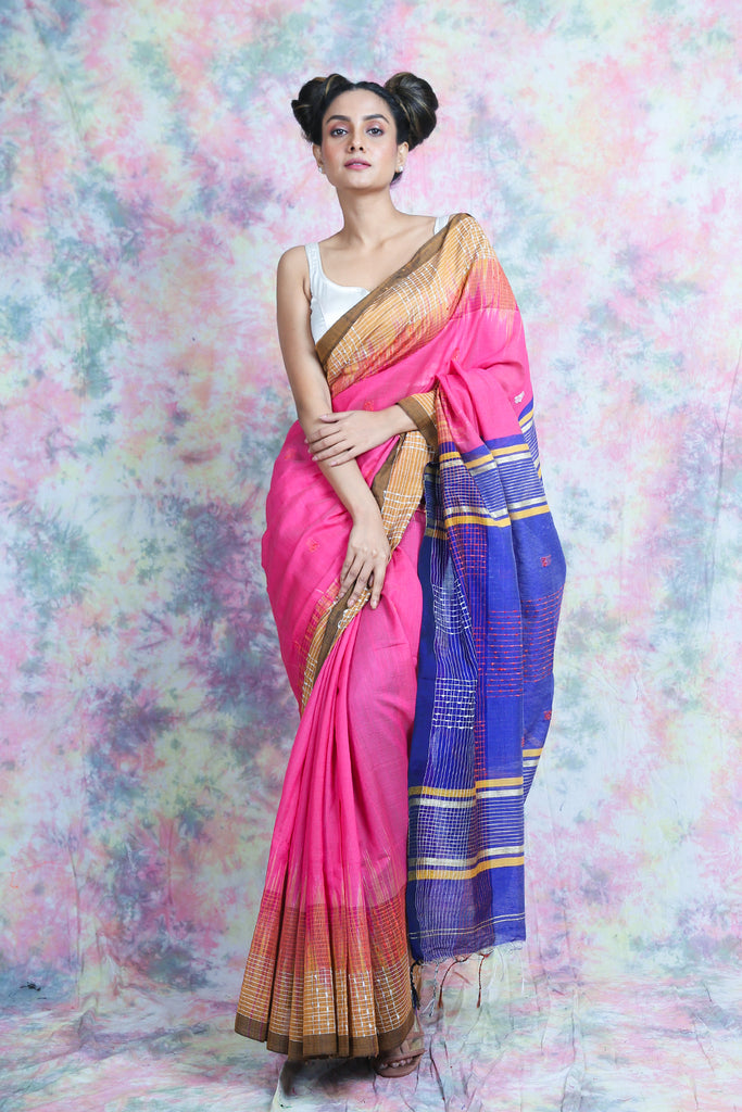 Pink Handloom Saree With Thick Thread Weaving Design freeshipping - Charukriti