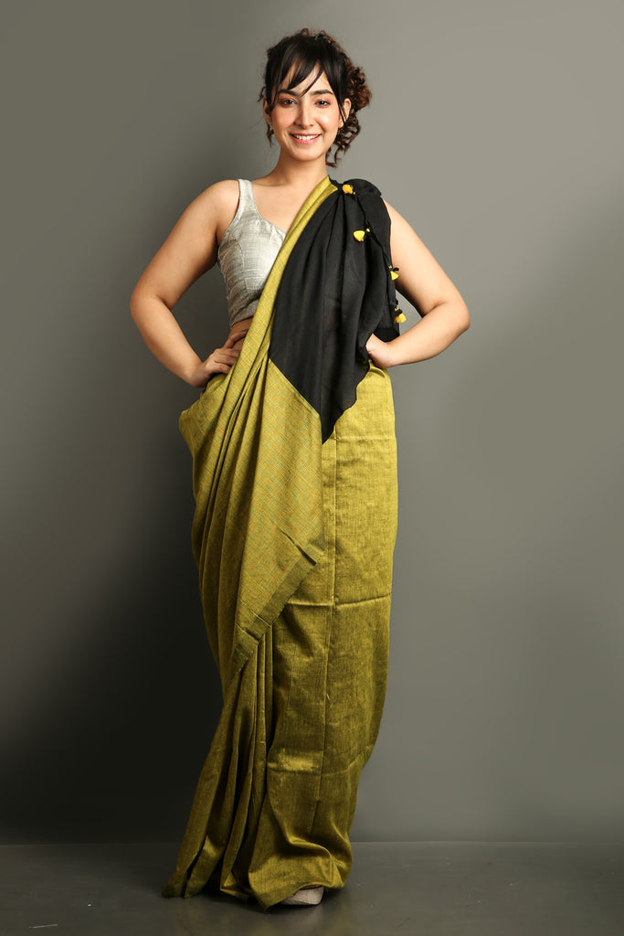 Corn Yellow Khadi Cotton Saree With Black Pallu freeshipping - Charukriti
