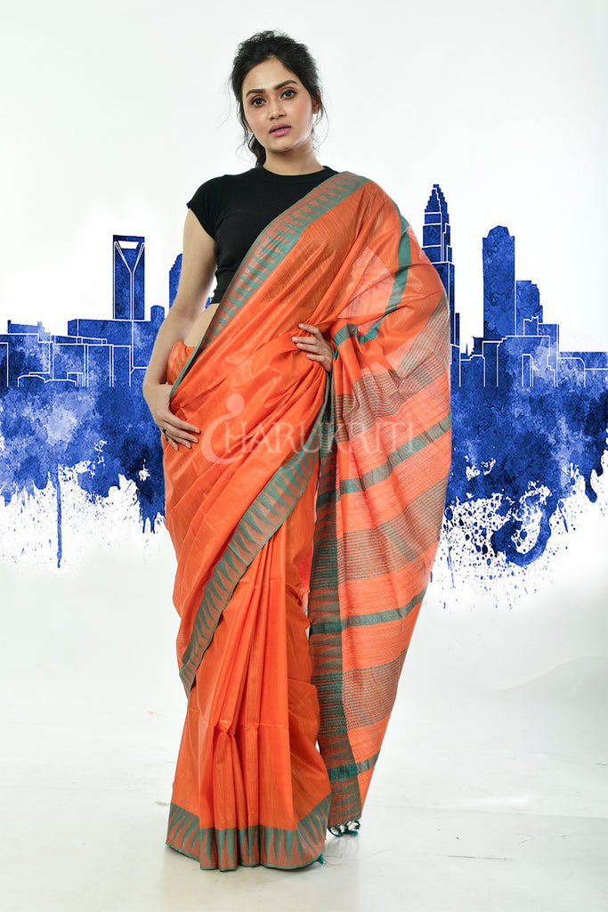 ORANGE BLENDED SILK WITH TEAL BLUE TEMPLE BORDER freeshipping - Charukriti