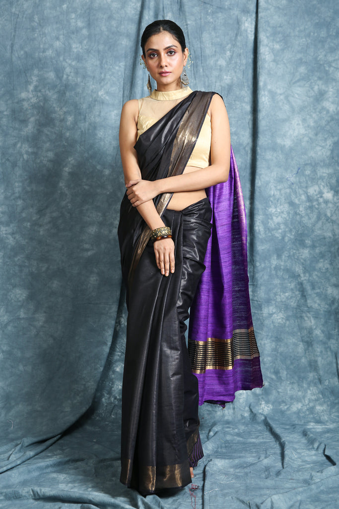 Black Gheecha Saree With Purple Pallu freeshipping - Charukriti