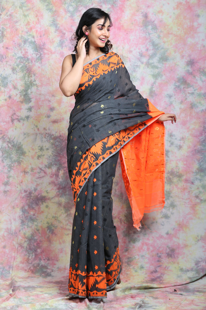 Grey & Orange Allover Butta Weaving Jamdani Saree freeshipping - Charukriti