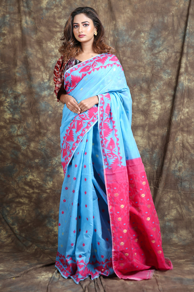 Allover Butta Weaving Sky Blue Jamdani Saree freeshipping - Charukriti