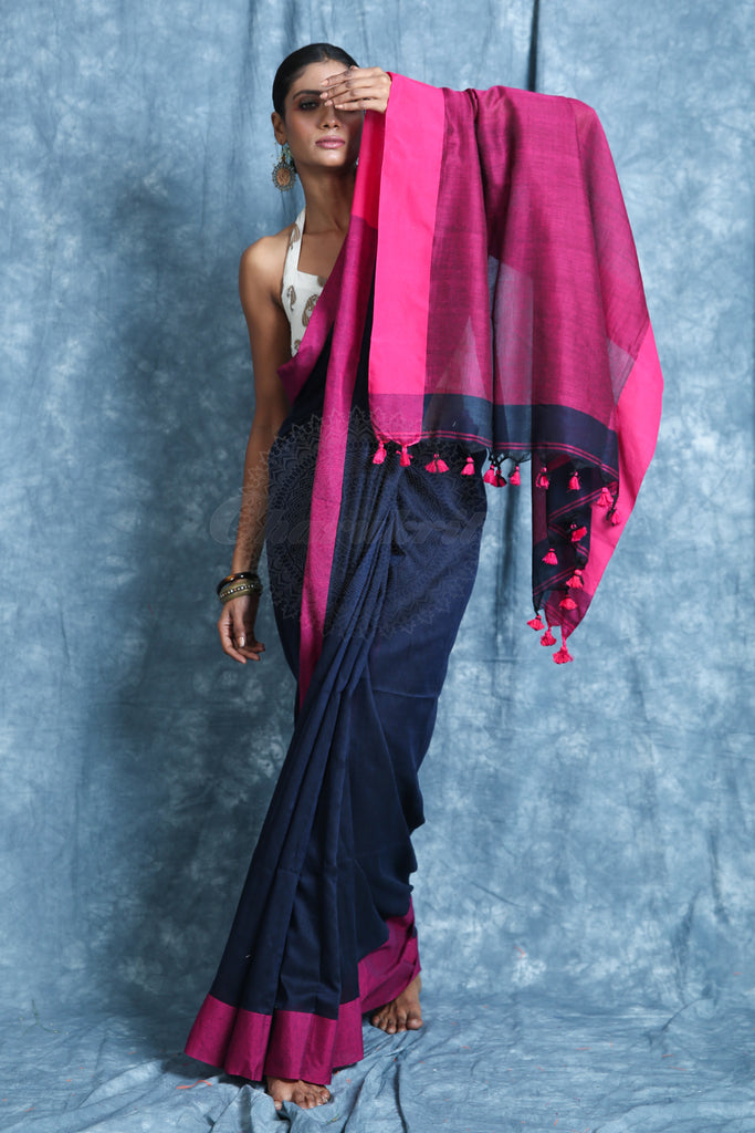 Navy Blue Cotton Handloom Saree with Pink Border and Pallu freeshipping - Charukriti