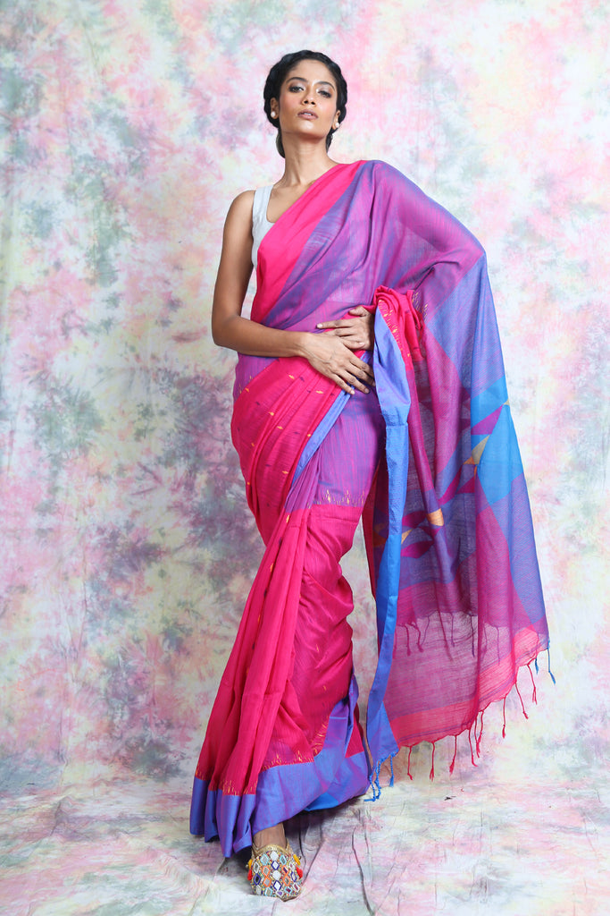 Pink & Blue Cotton Saree With Geometrics Pallu freeshipping - Charukriti