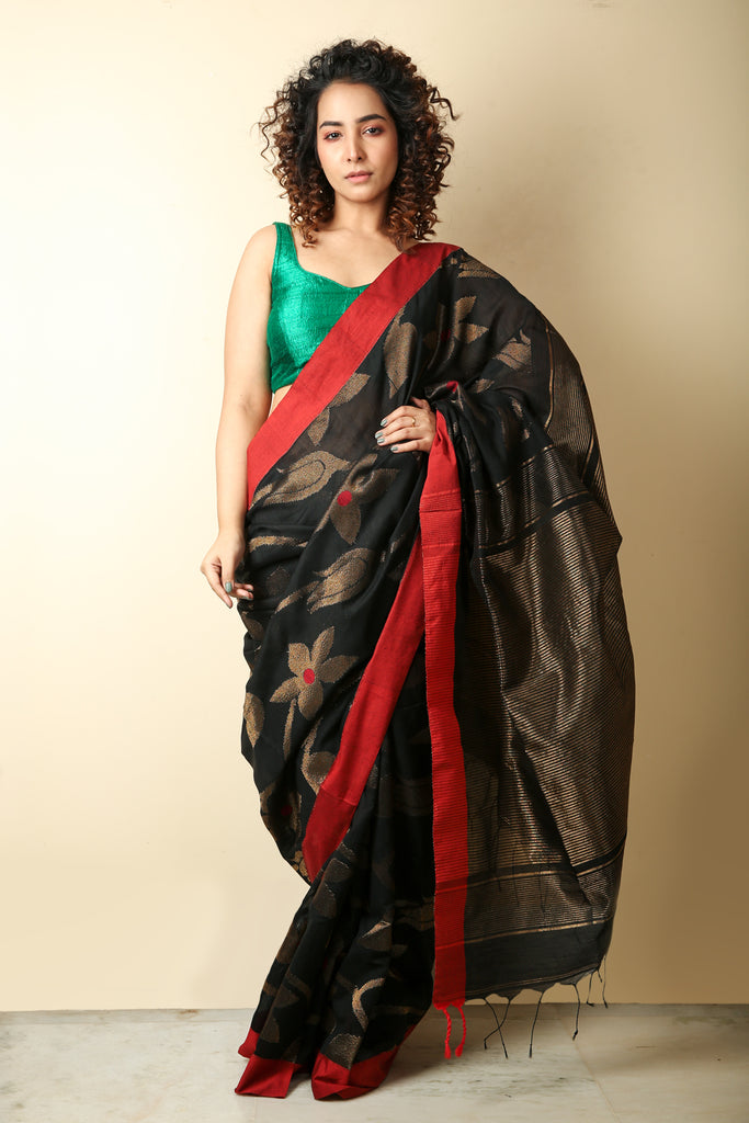 Black Handloom Saree With All Over Zari Weaving freeshipping - Charukriti