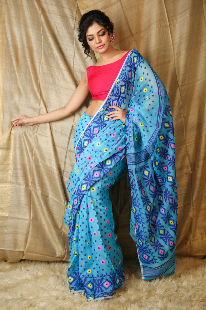 Deep Sky Blue Jamdani Saree With All Over Multicolor Weaving freeshipping - Charukriti