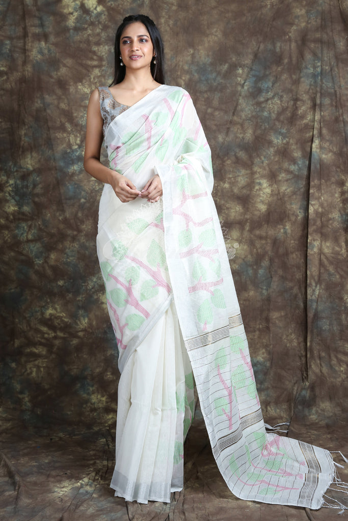 White Handloom Saree With Silver Zari Weaving freeshipping - Charukriti