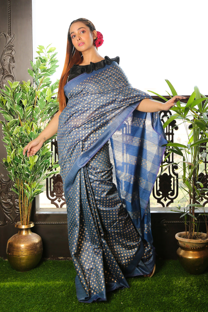 BLUE BLENDED MATKA SAREE WITH ALLOVER GOLDEN PRINTED BUTA freeshipping - Charukriti