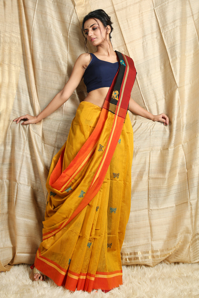 Mustard Cotton Saree With All over Butterfly Weaving freeshipping - Charukriti