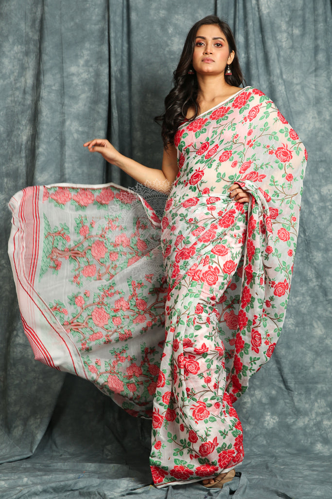 White Jamdani Saree with Allover Rose Motive Weaving freeshipping - Charukriti