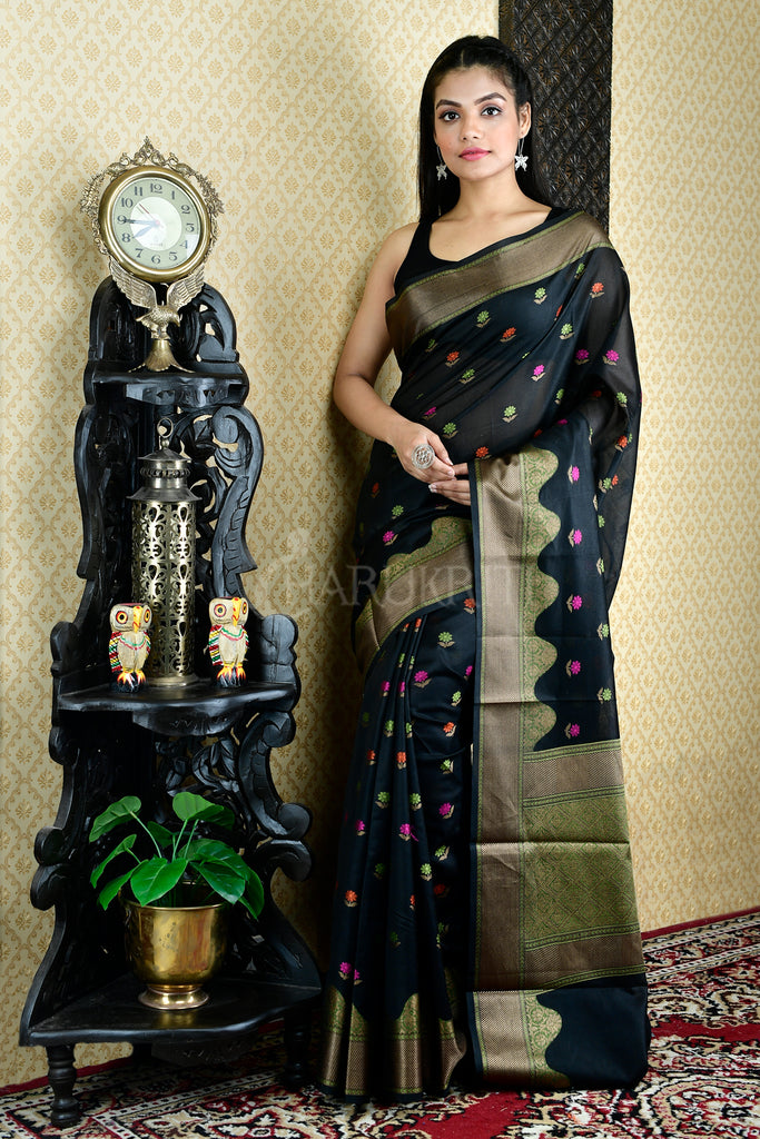 BLACK BLENDED COTTON SAREE WITH WOVEN PALLU AND BORDER freeshipping - Charukriti