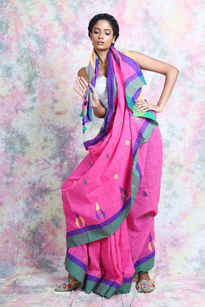 Light Pink Dual Border Handloom Saree With Allover Butta Weaving freeshipping - Charukriti