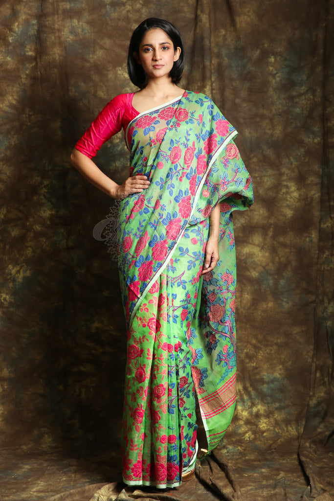 Green Jamdani Saree with Allover Rose Motive Weaving freeshipping - Charukriti