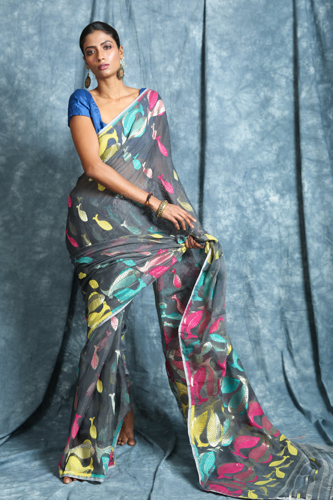 The Grey Color Saree Is Crafted With Multicolor Fish Motif Work All Over The Body And Pallu - Charukriti.co.in
