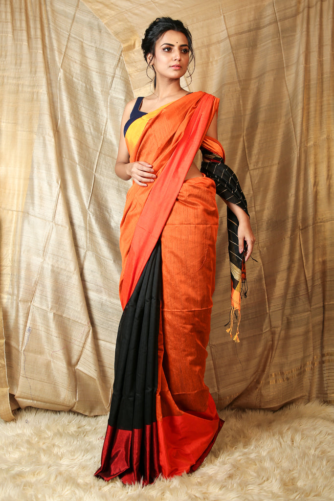 Orange & Black Mahapaar Handloom with Gheecha Stripes Pallu freeshipping - Charukriti