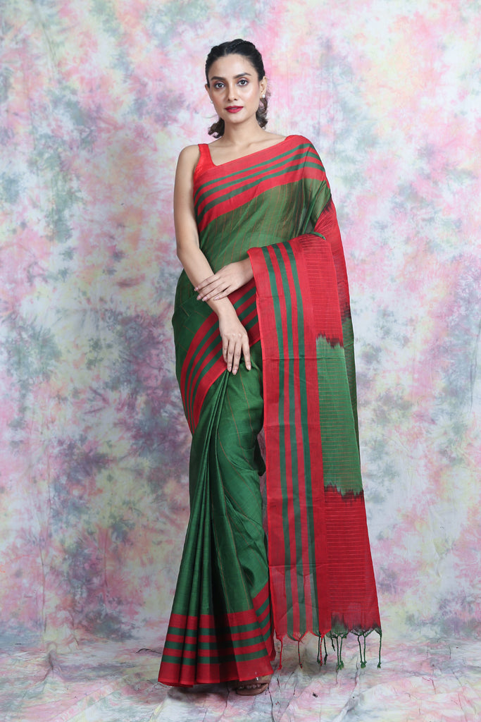 Green Cotton Saree With Allover Weaving freeshipping - Charukriti