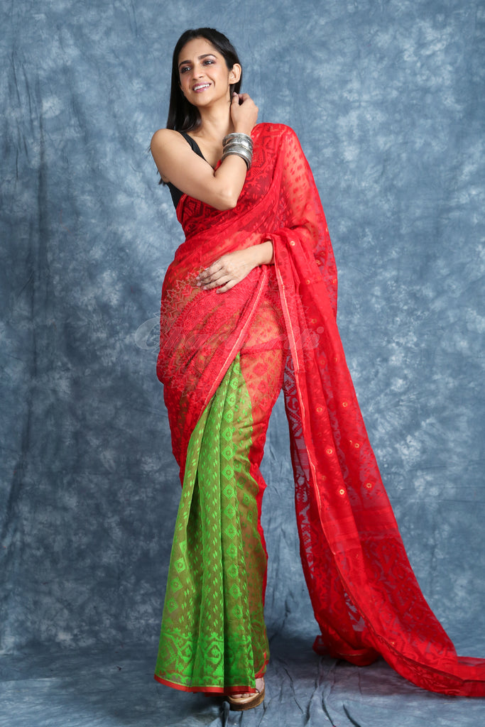 Red & Green Jamdani Saree With Allover Weaving freeshipping - Charukriti