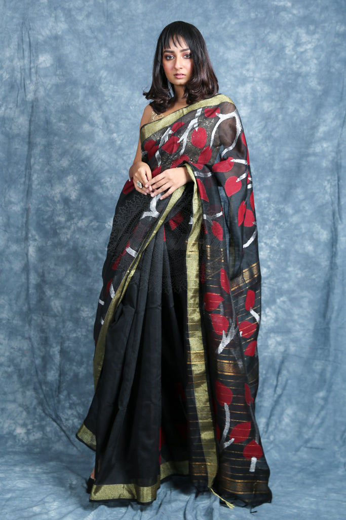 Black Handloom Saree With Zari Weaving freeshipping - Charukriti