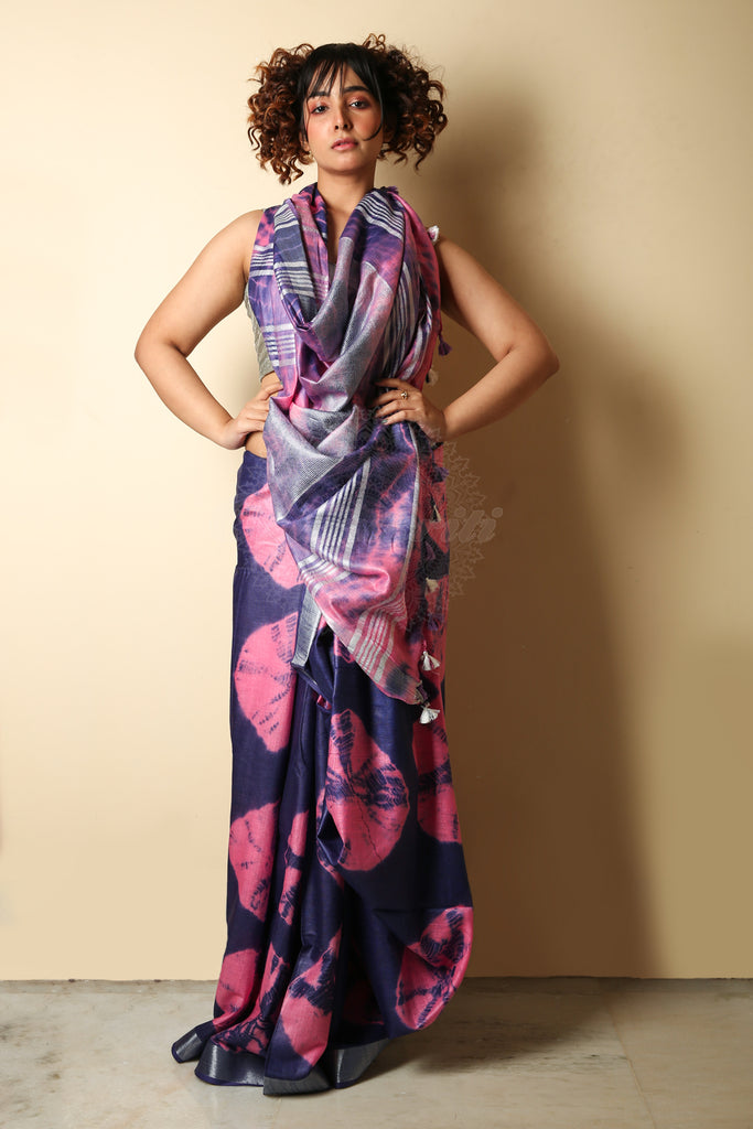 Navy Blue And Pink  Tie & Dye Printed  Saree With Zari Border freeshipping - Charukriti