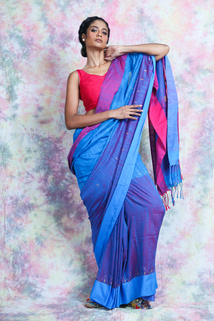 Blue Cotton Saree With Geometrics Pallu freeshipping - Charukriti