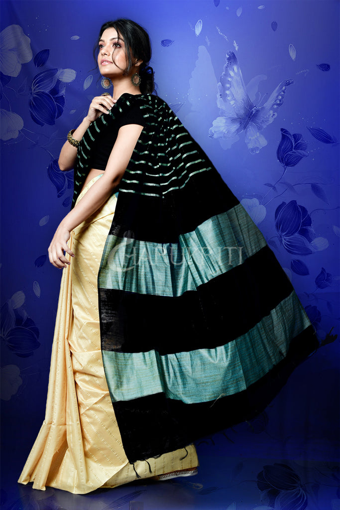 BLACK AND BEIGE BLENDED COTTON WITH GHICHA STRIPES AND PALLU freeshipping - Charukriti