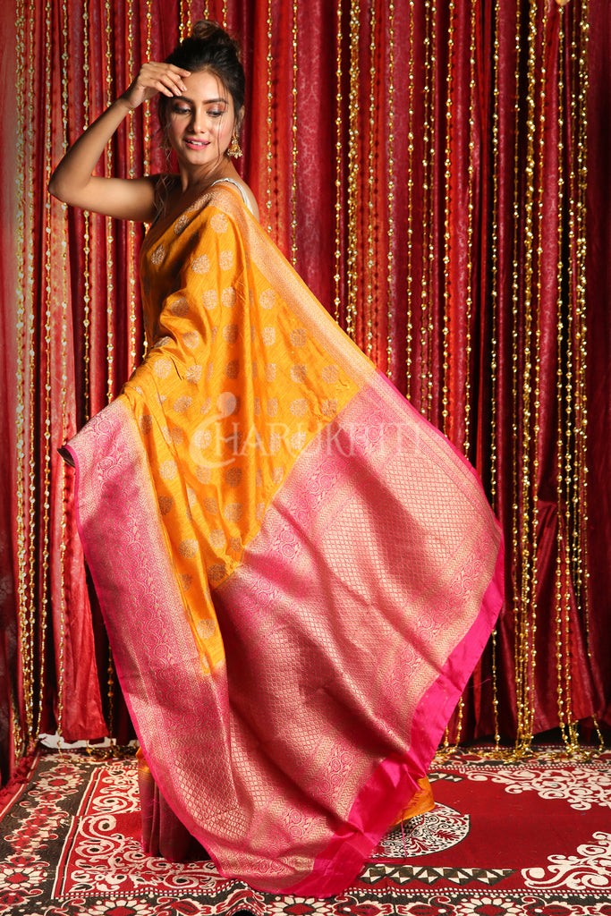 Golden Yellow And Pink Copper Zari Weaved Banarasi Saree - Charukriti.co.in