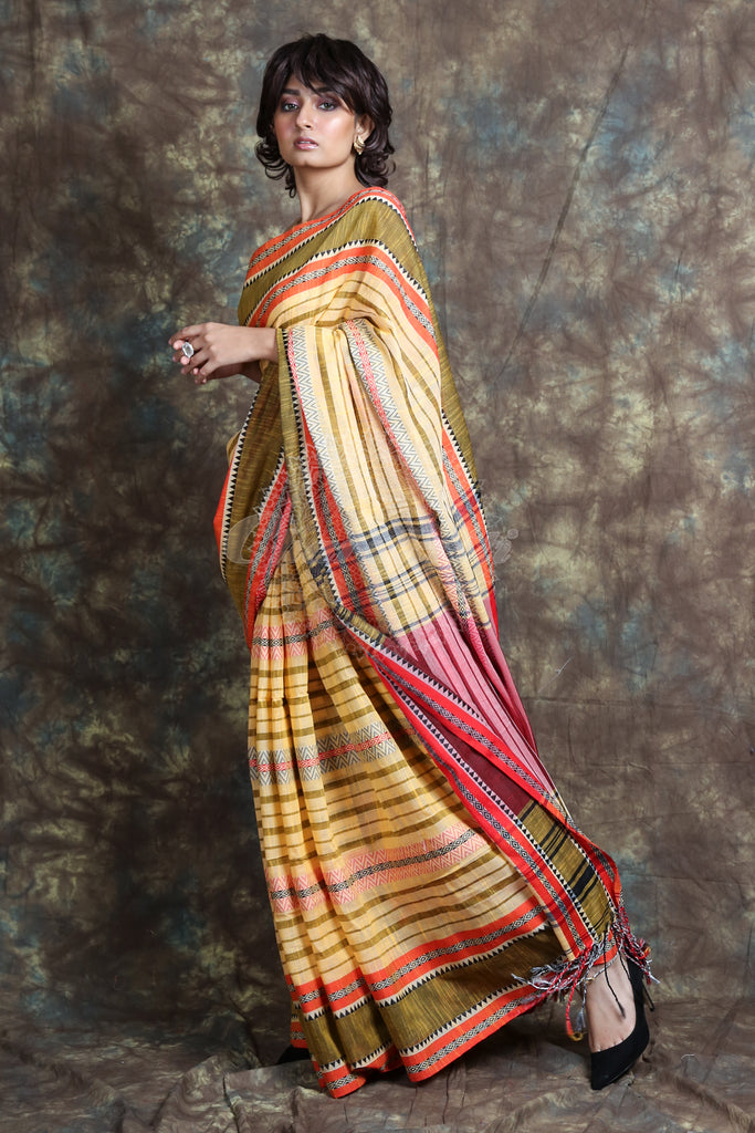 Allover Weaving Stripe Yellow Handloom Saree freeshipping - Charukriti