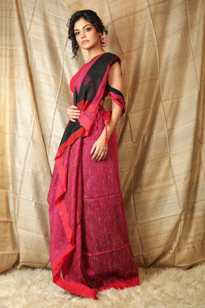 Ghicha Weaving Pink Handoom Saree With Black Pallu - Charukriti.co.in