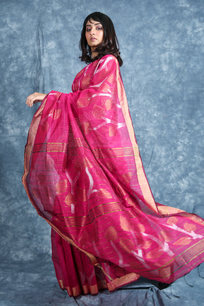 Hot Pink Handloom Saree With Zari Weaving freeshipping - Charukriti