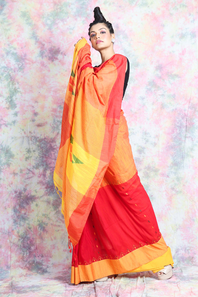 Red & Yellow Cotton Saree With Geometrics Pallu freeshipping - Charukriti