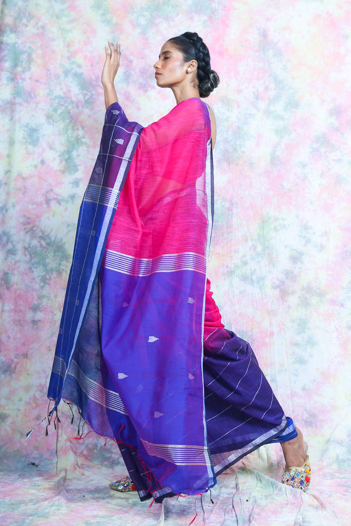 Pink & Blue Handloom Saree With Silver Zari Check freeshipping - Charukriti