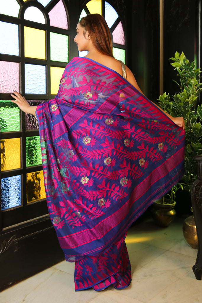Blue Jamdani Saree With Allover Magenta Thread Weaving freeshipping - Charukriti