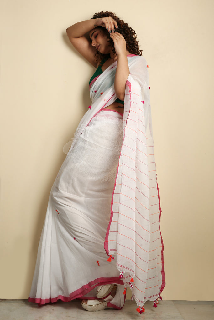 White Cotton Handloom With Thread Buti Work freeshipping - Charukriti