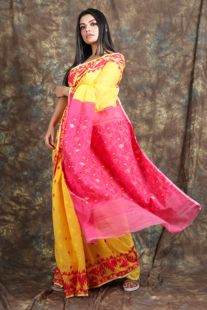 Allover Butta Weaving Yellow Jamdani Saree freeshipping - Charukriti