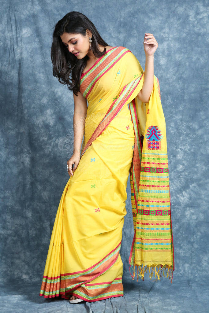 Yellow Cotton Saree With Thread Work Border & Pallu freeshipping - Charukriti