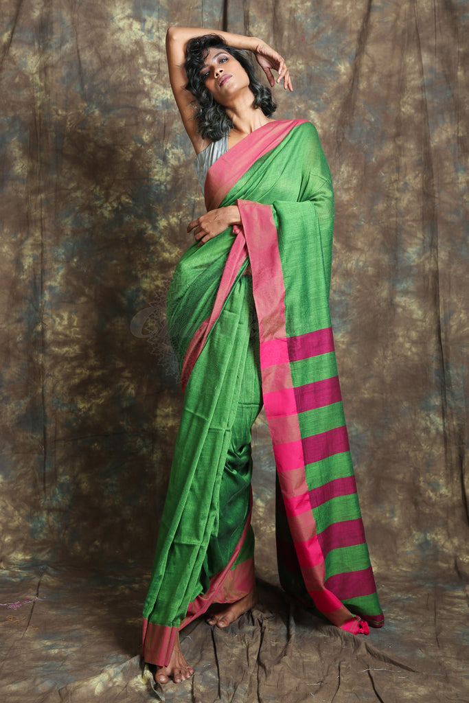 Green Handloom Saree with Pink Border freeshipping - Charukriti
