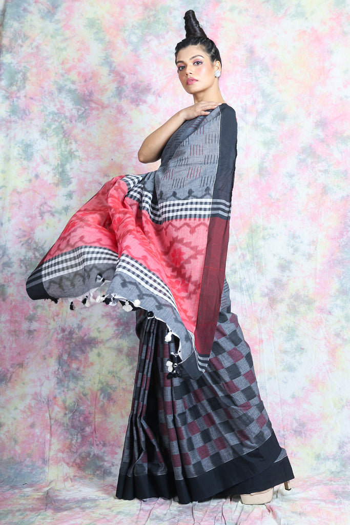 Steel Grey Cotton Saree With Geometric Print freeshipping - Charukriti