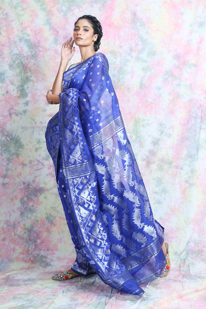Allover butta Weaving Blue Jamdani Saree freeshipping - Charukriti
