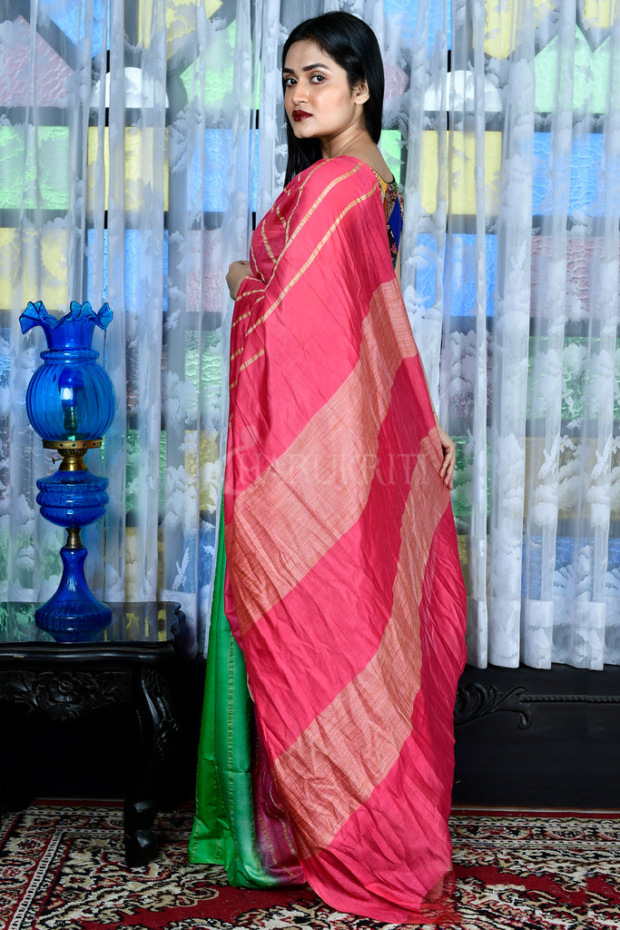 Pulsar Pink And Parrot Green Blended Cotton Saree With Ghicha Stripes - Charukriti.co.in