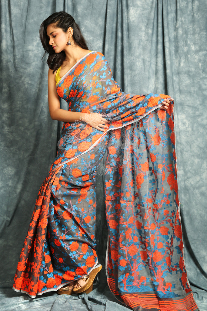 Grey Jamdani Saree with Allover Floral Weaving freeshipping - Charukriti