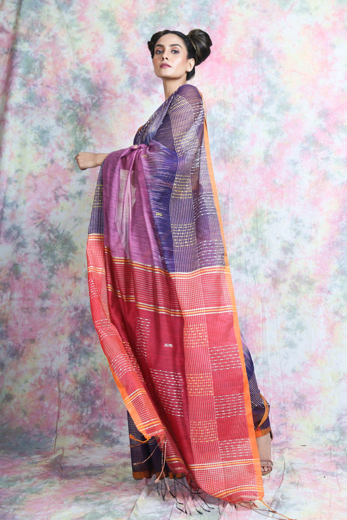 Light Purple Handloom Saree With Thick Thread Weaving Design freeshipping - Charukriti