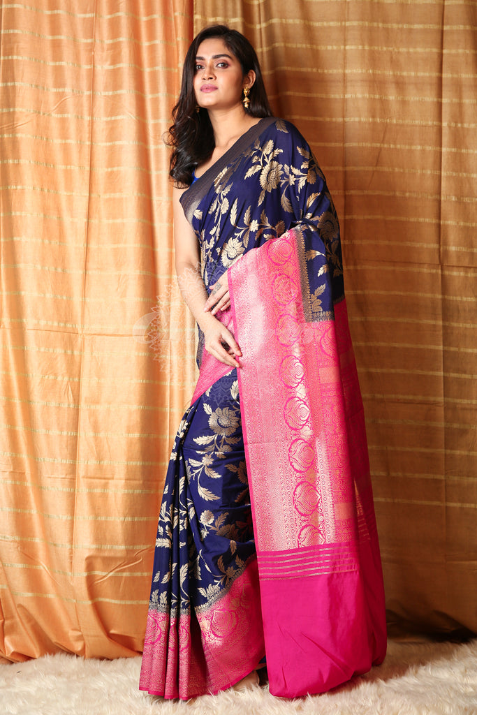 Navy Blue Dupion Silk with Rich Border And Pallu - charukriti.co.in