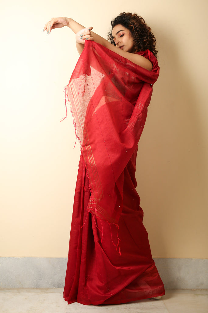 Red sequence handloom Saree freeshipping - Charukriti