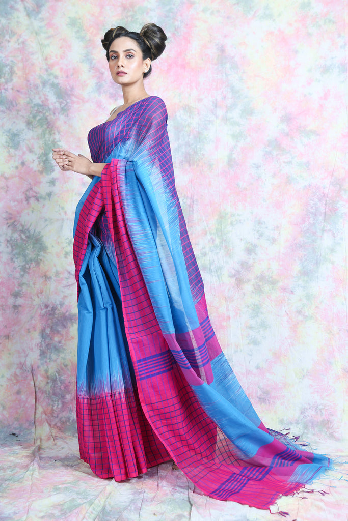 Sky BLue Ikkat Style Handloom Saree With Check Border freeshipping - Charukriti