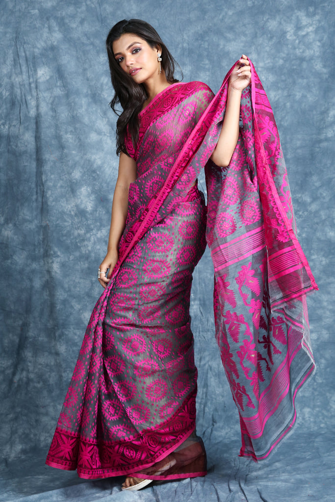 Grey & Pink Jamdani Saree With Allover Weaving freeshipping - Charukriti