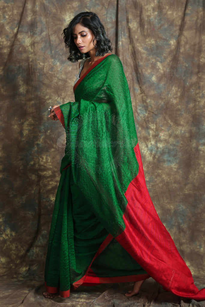 Green Allover Texture Weaving Handloom Saree freeshipping - Charukriti